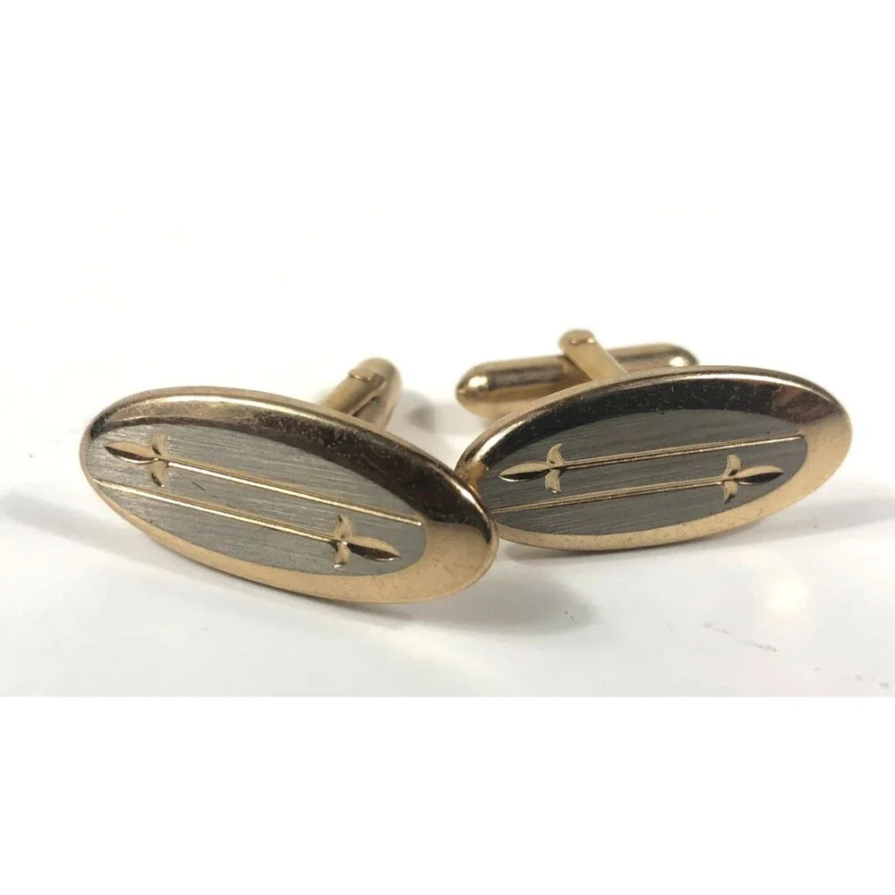 Vintage Gold Tone Cufflinks Gray Brushed Metal Oval Dual Sword Design
